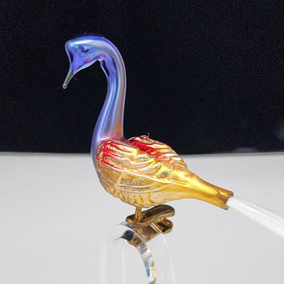 Vintage German Glass Swan Ornament Clip On Gold & Iridescent Germany Christmas